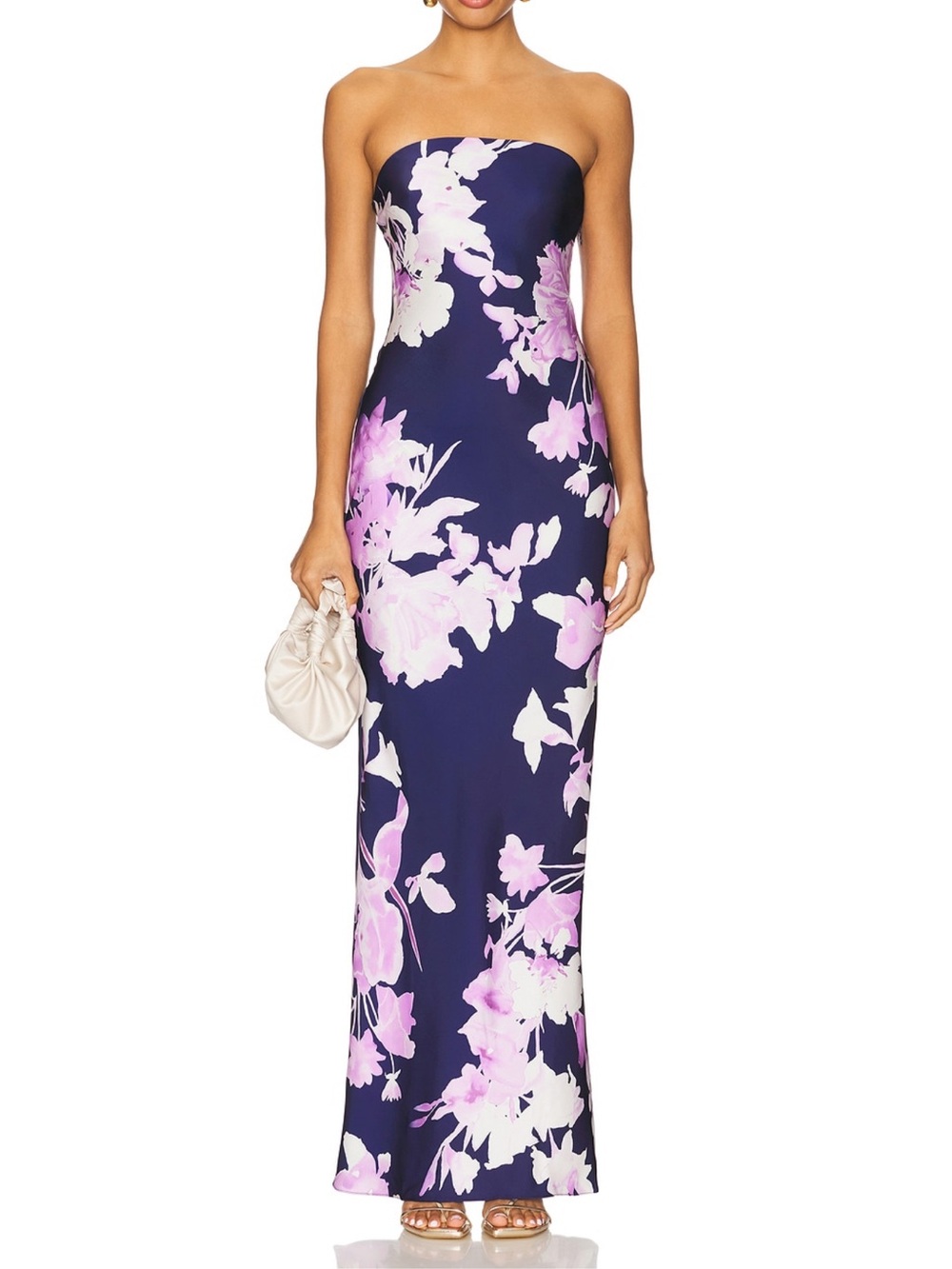 Rococo Sand Navy Strapless Floral Maxi with Pink & White Blooms